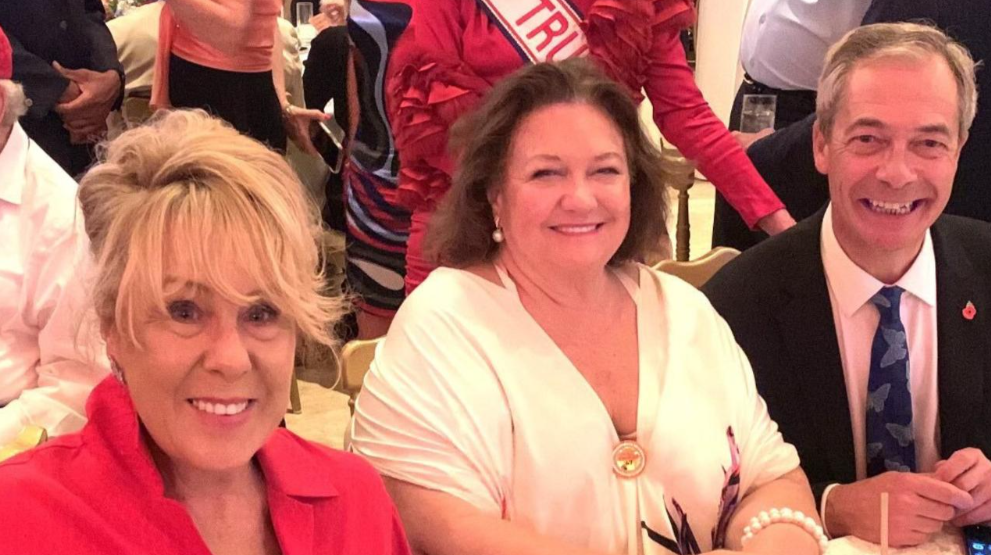 Gina Rinehart sitting between ex-Liberal Party vice-president Teena McQueen and Reform UK party leader Nigel Farage at Trump’s Mar-a-Lago